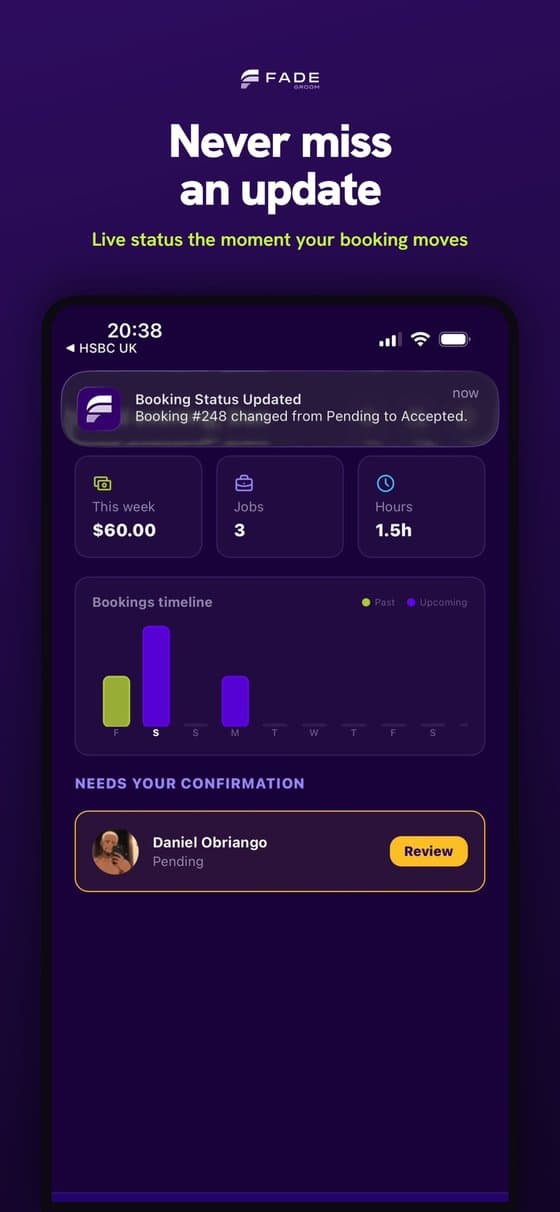 FadeGroom live status update — booking changed from Pending to Accepted