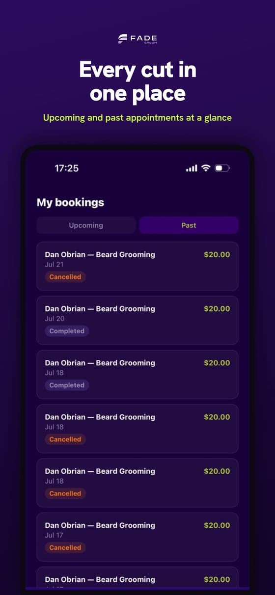 FadeGroom bookings list showing a completed appointment