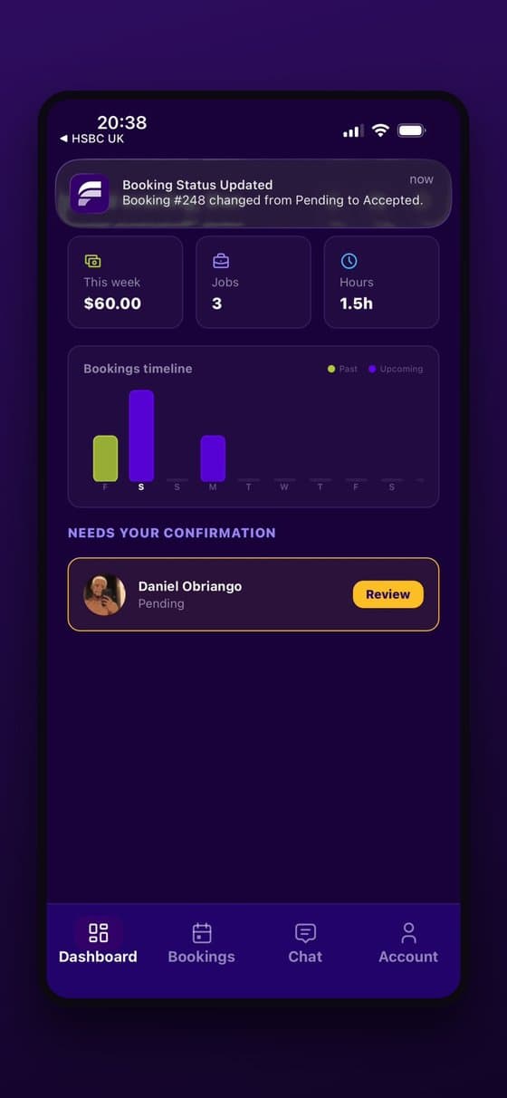 FadeGroom pro dashboard showing this week's earnings and confirmed bookings