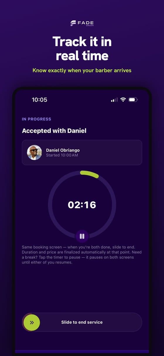 FadeGroom in-progress appointment screen with a live timer