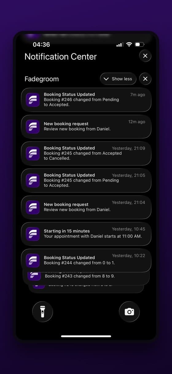 FadeGroom notification center showing a new booking request to review