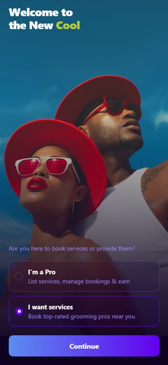 FadeGroom role-selection screen — choose 'I want services' to get started as a client