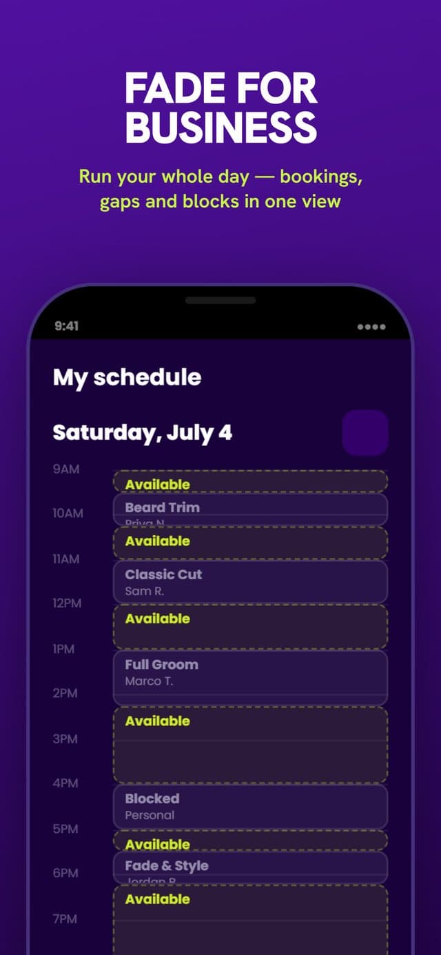 FadeGroom pro schedule screen showing a day view of bookings and open slots